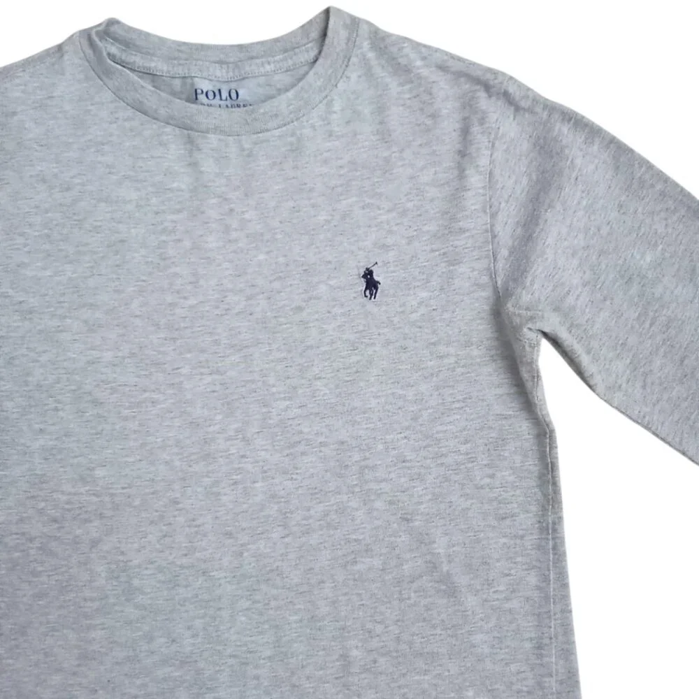Ralph Lauren Kids Gray Long Sleeve Tee – Crewneck Logo Shirt, Size S (170/92A)